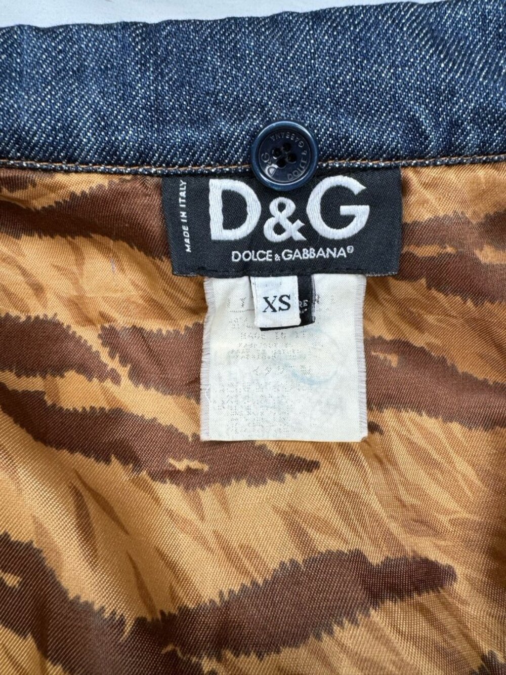 D&G Dolce & Gabbana XS Vintage Y2K Denim Jacket Tiger Stripe Lining Zip Pockets - Picture 11 of 11